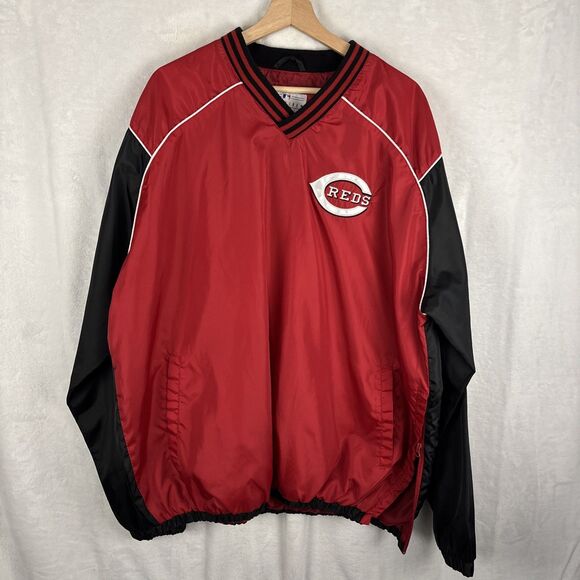 MLB Cincinnati Reds Pullover Windbreaker Jacket V-Neck Size 2XL Red Black - Picture 1 of 6